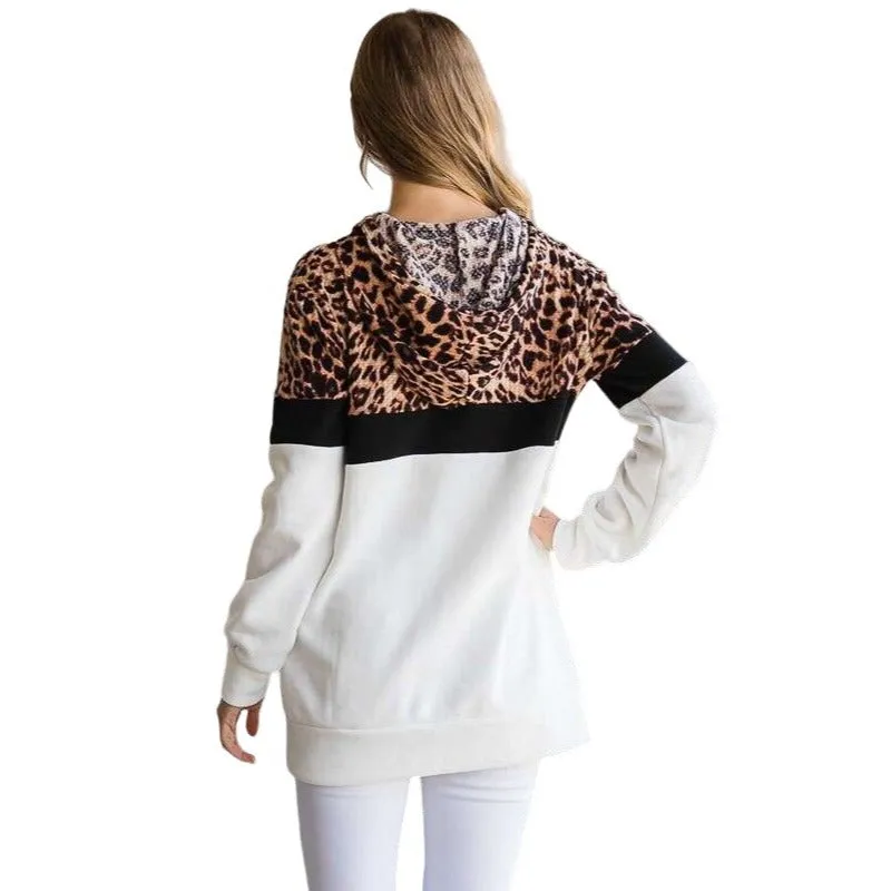 Culture Code's Black Color Block Animal Print Long Sleeve Hoodie CHH1350L