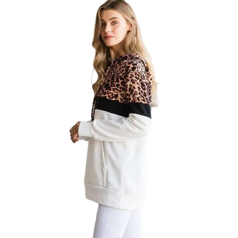 Culture Code's Black Color Block Animal Print Long Sleeve Hoodie CHH1350L