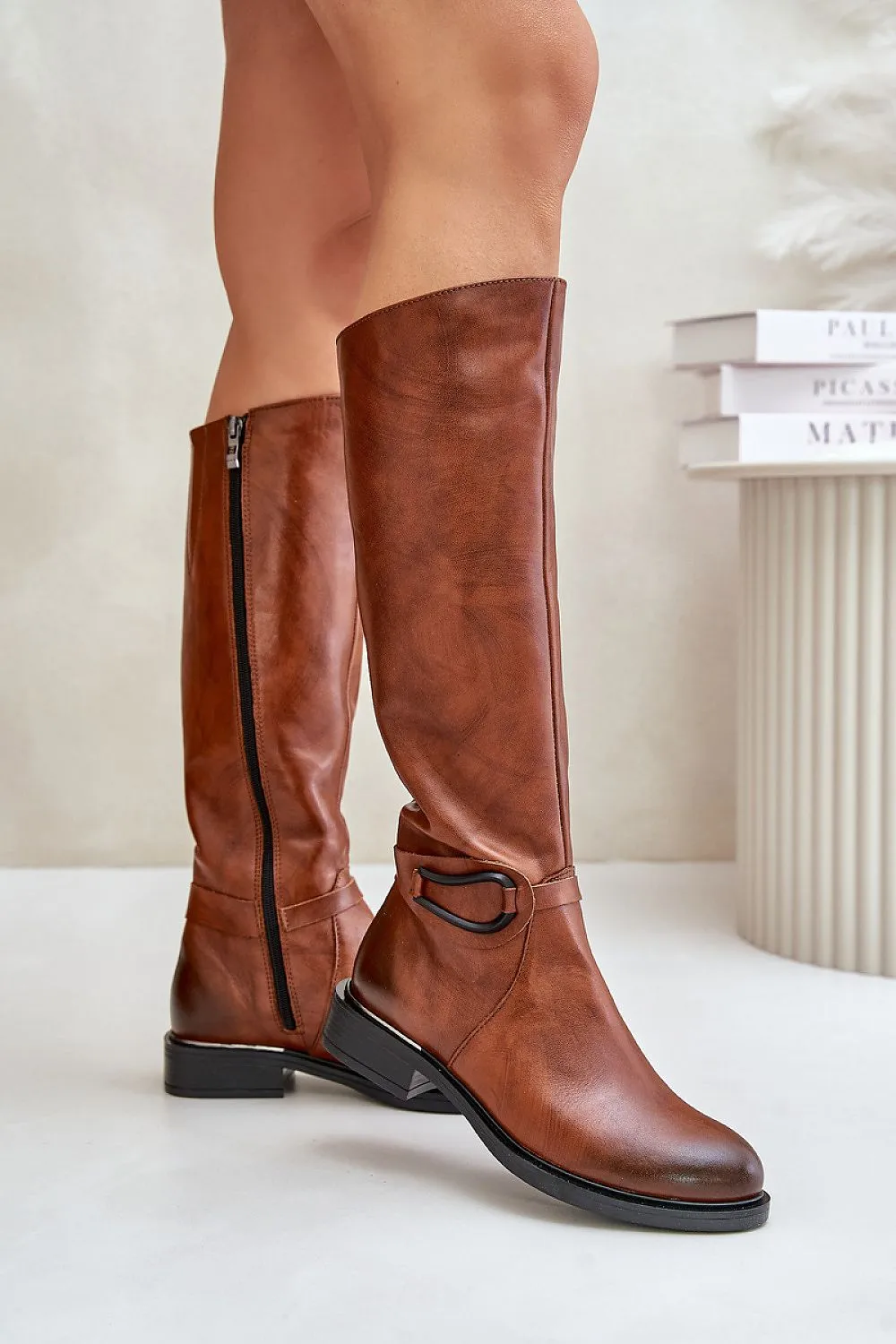 Decorative stripe natural leather knee-high boots