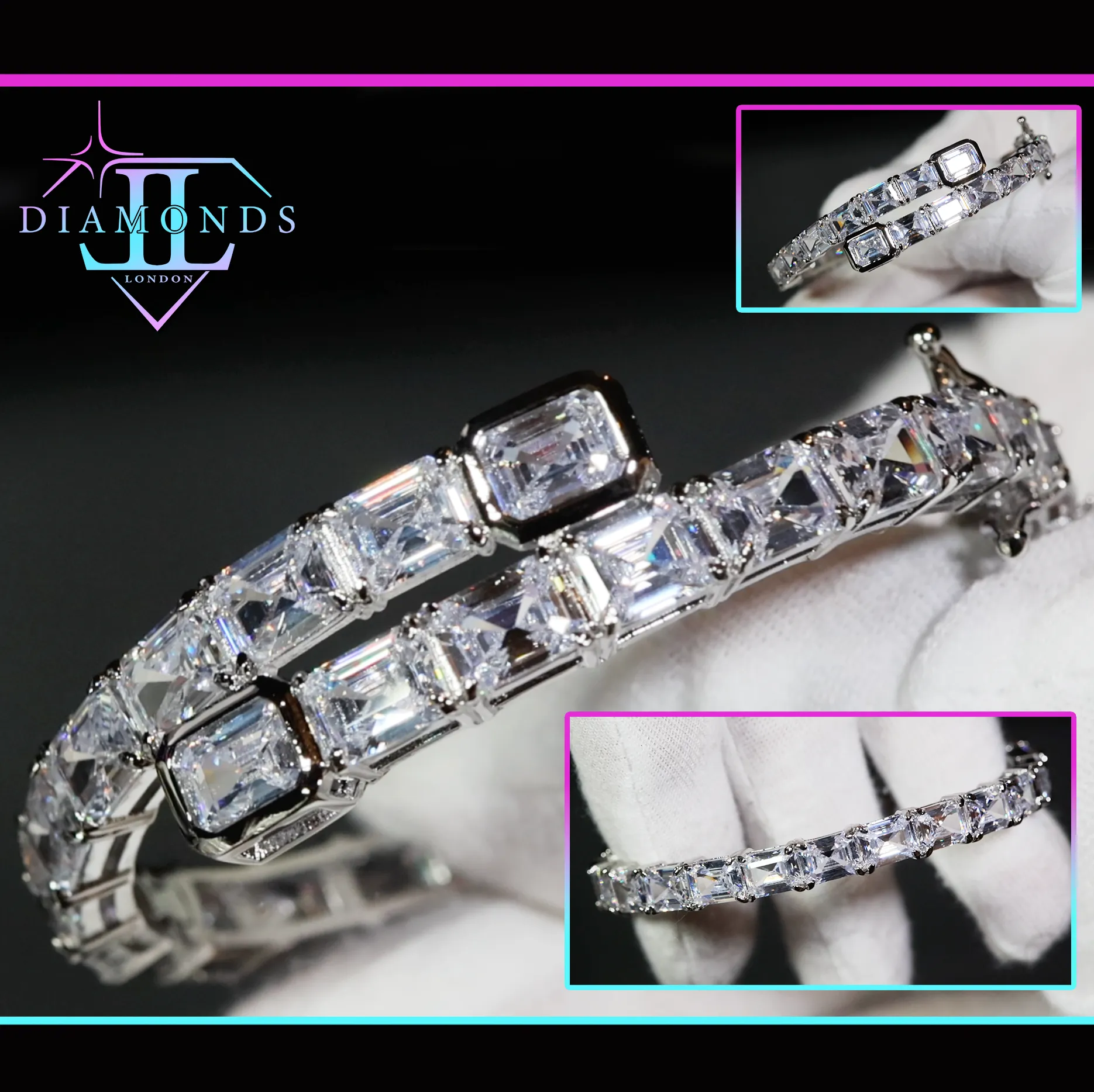 Diamond Bangle | Asscher Cut Diamond Bracelet | Baguette Bracelet