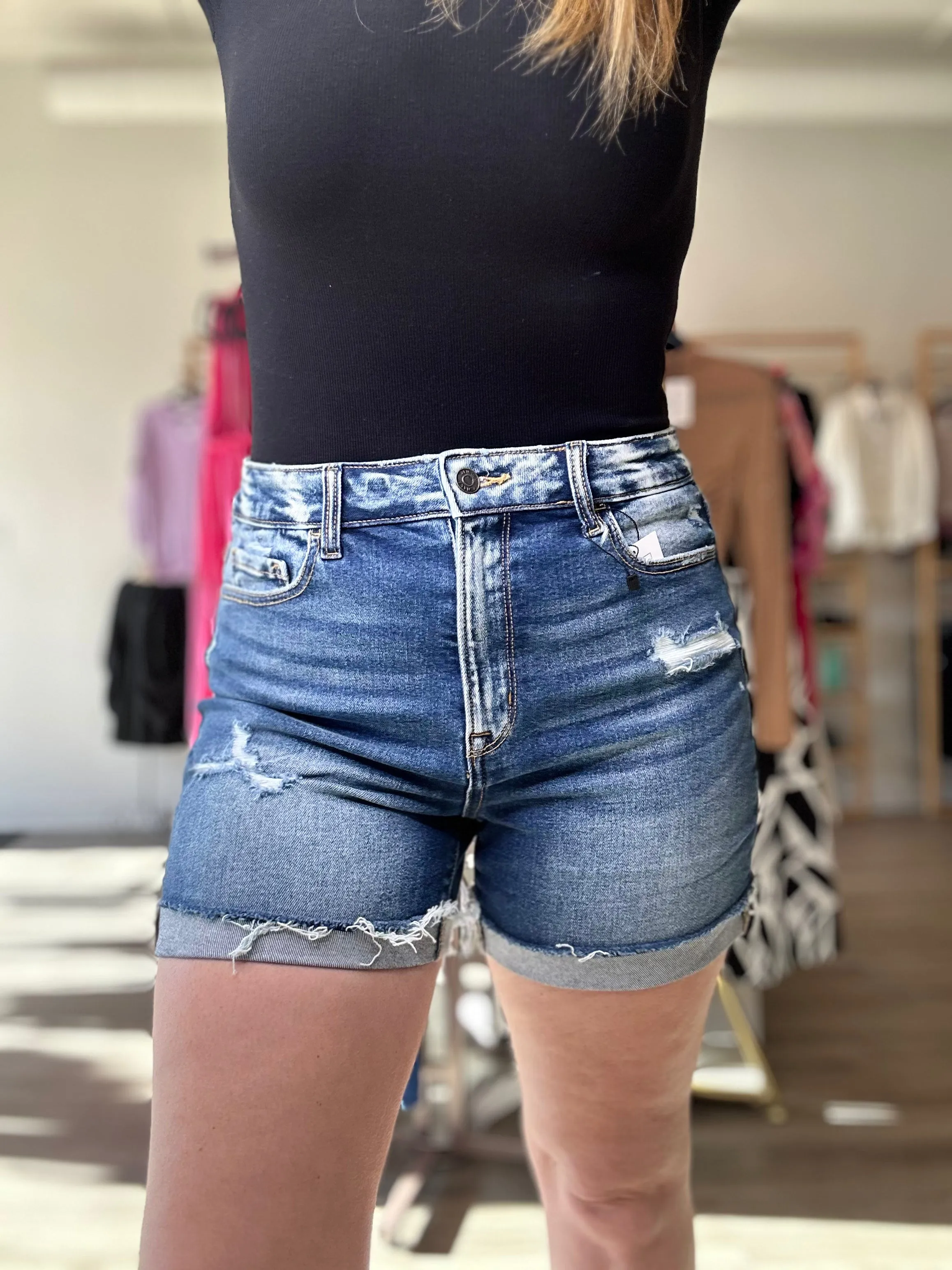 Distressed Hem Denim Shorts