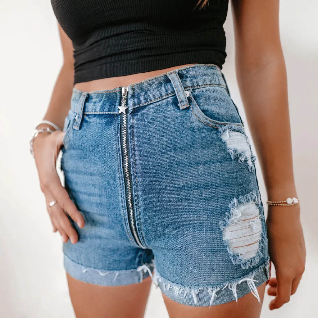 Distressed High Waisted Denim Shorts - Full Back Zipper - The Claudie