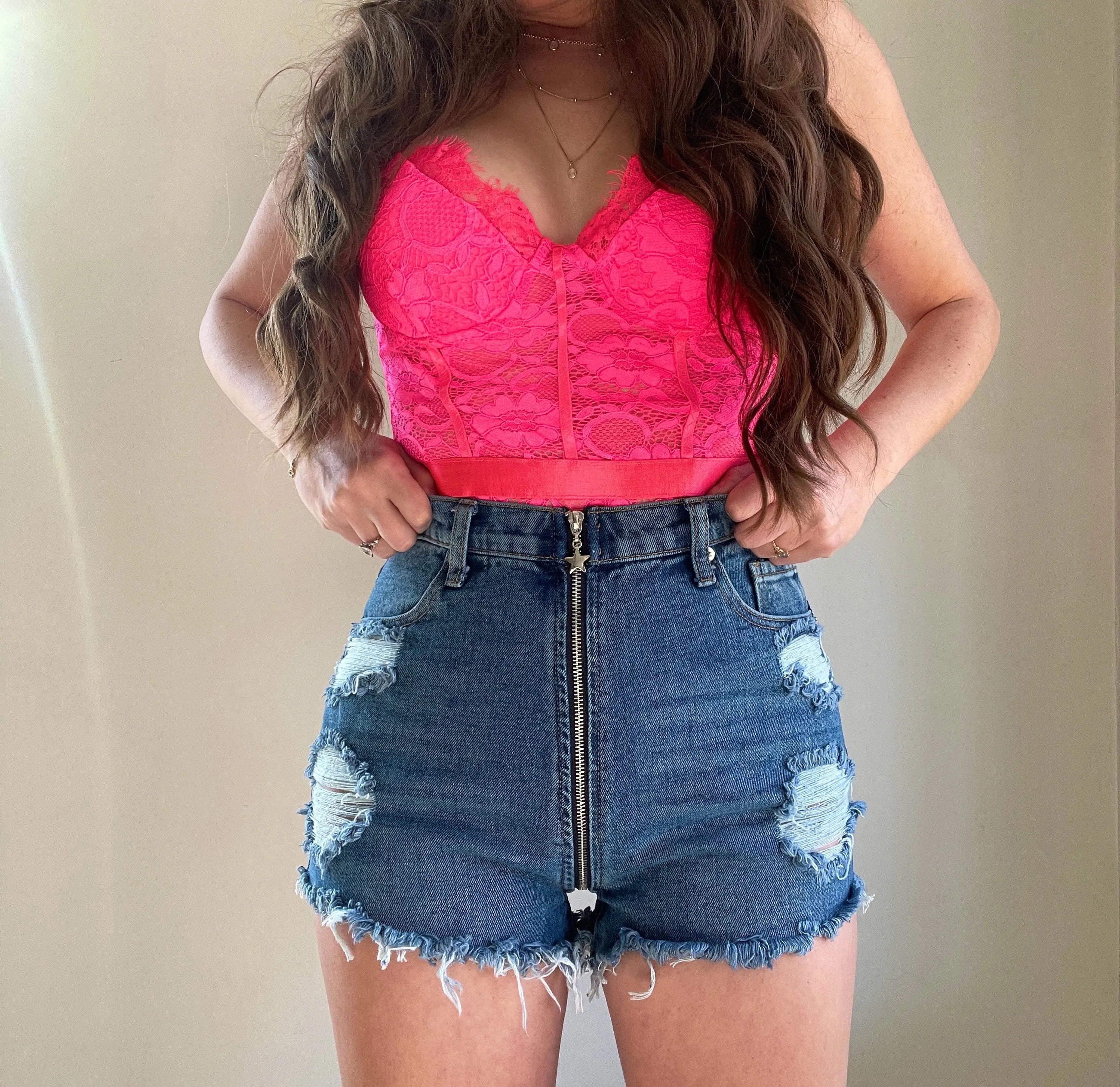 Distressed High Waisted Denim Shorts - Full Back Zipper - The Claudie