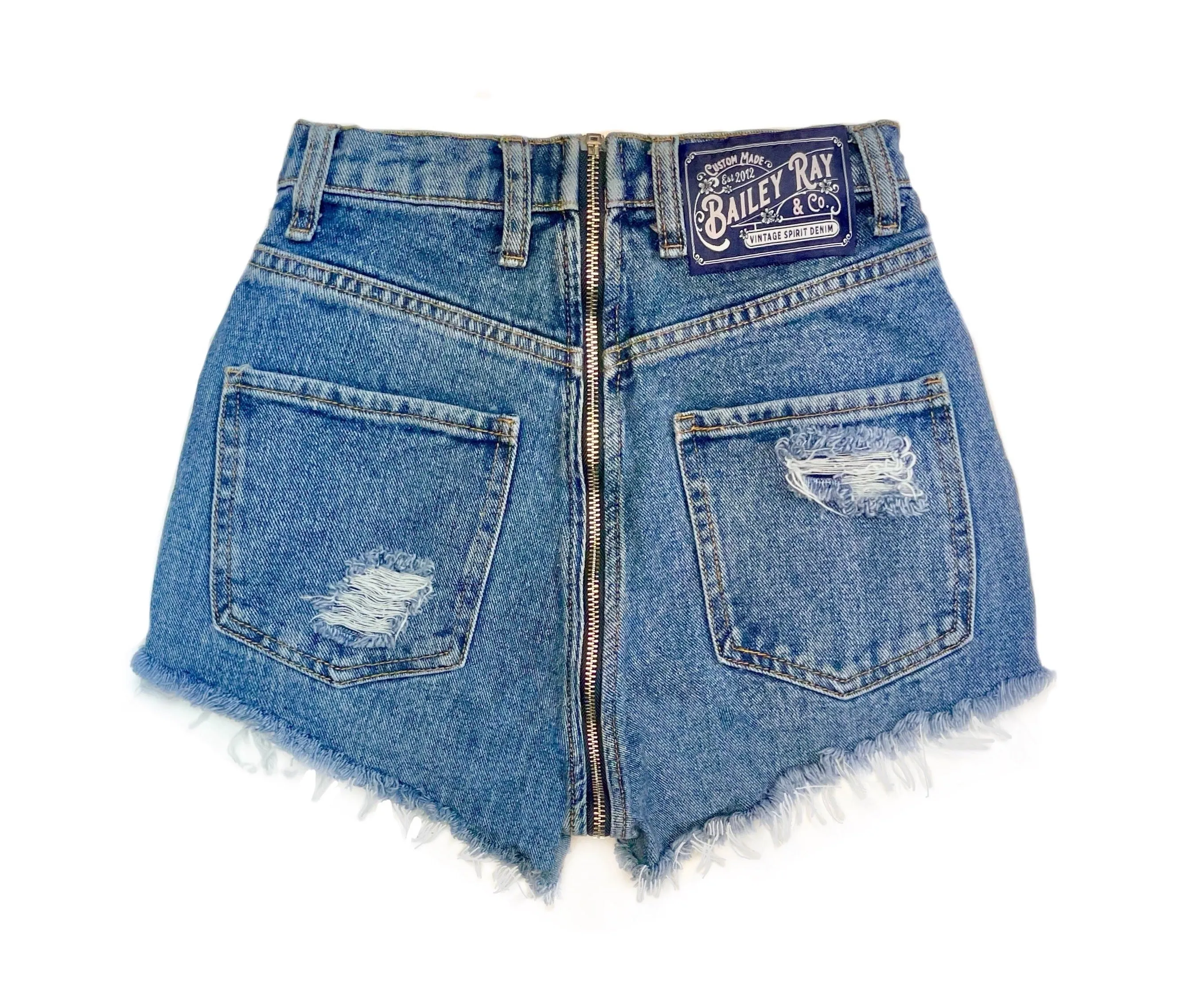 Distressed High Waisted Denim Shorts - Full Back Zipper - The Claudie