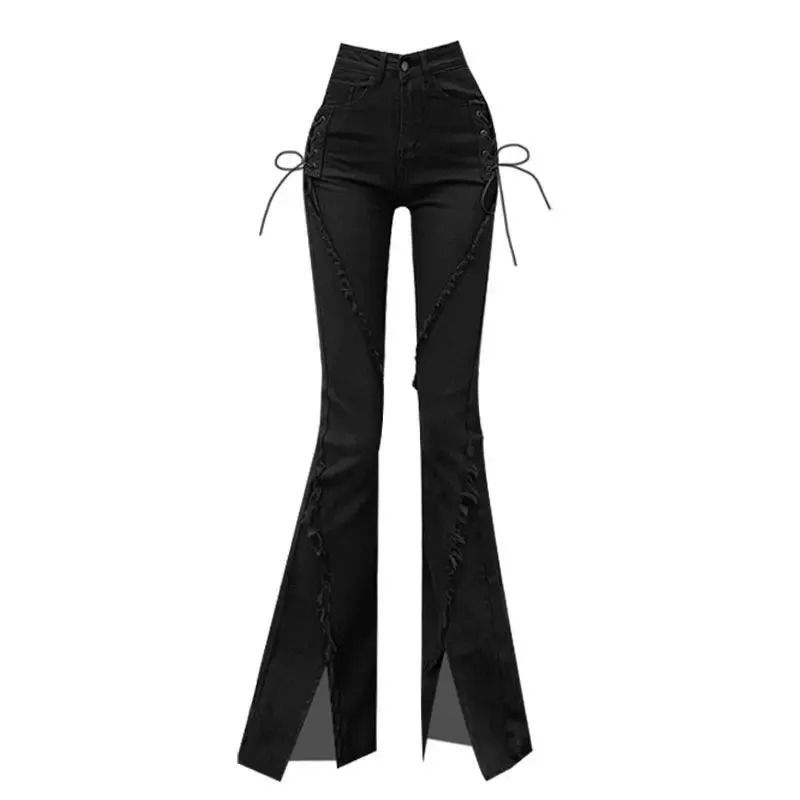 Distressed Low Waisted Black Casual Cargo Flare Pants