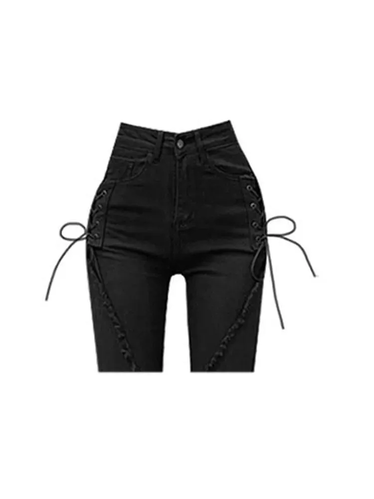 Distressed Low Waisted Black Casual Cargo Flare Pants