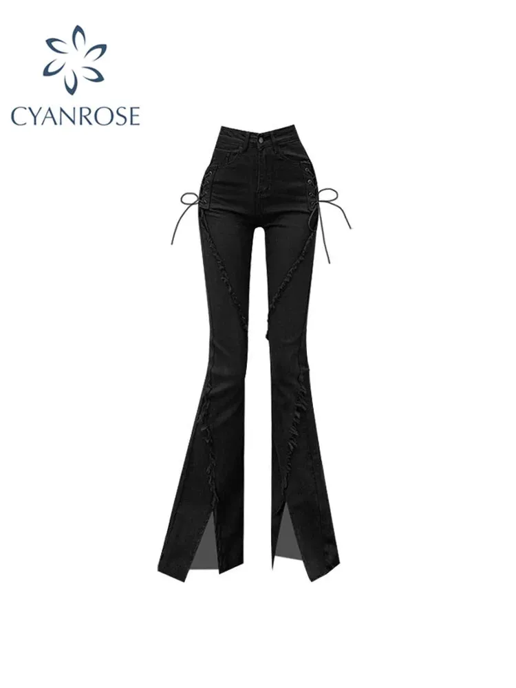 Distressed Low Waisted Black Casual Cargo Flare Pants