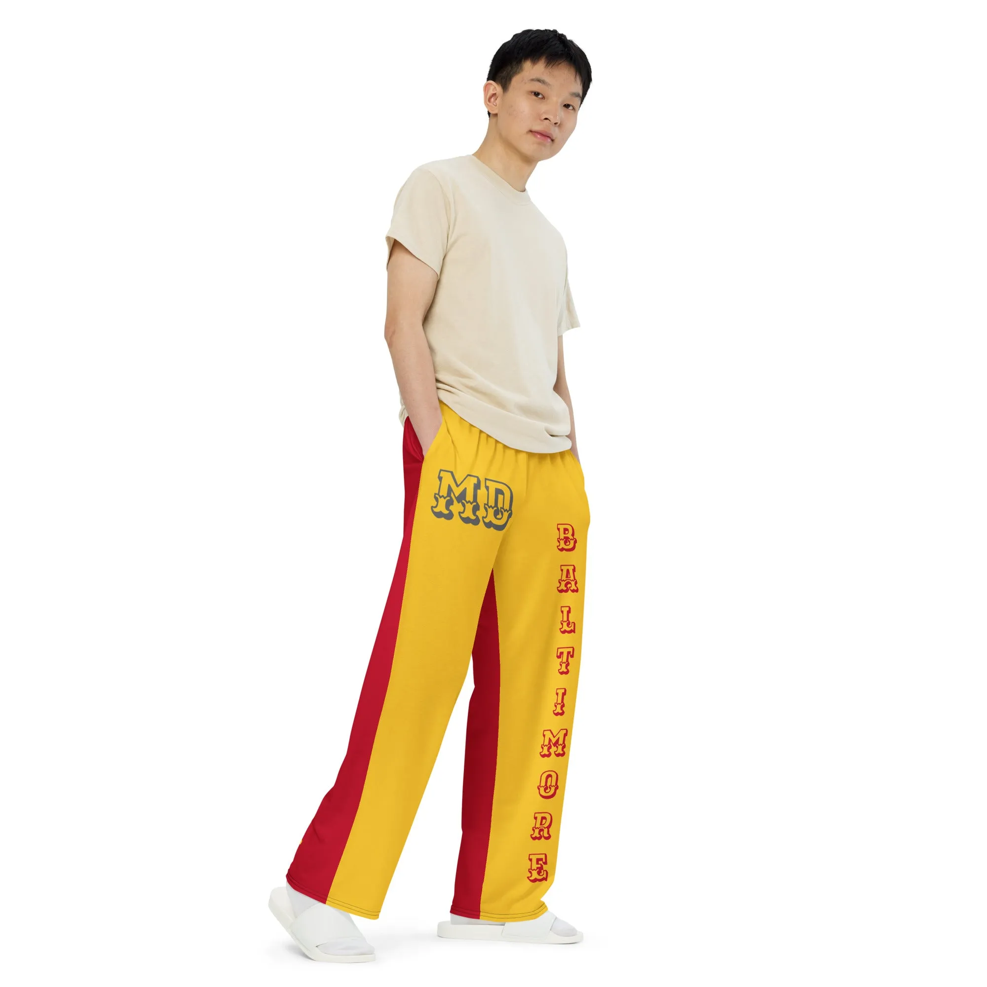 DJD MD- "It's A Baltimore Thang" Unisex 2 Tone Wide-Leg Pants Gold/Red/Grey