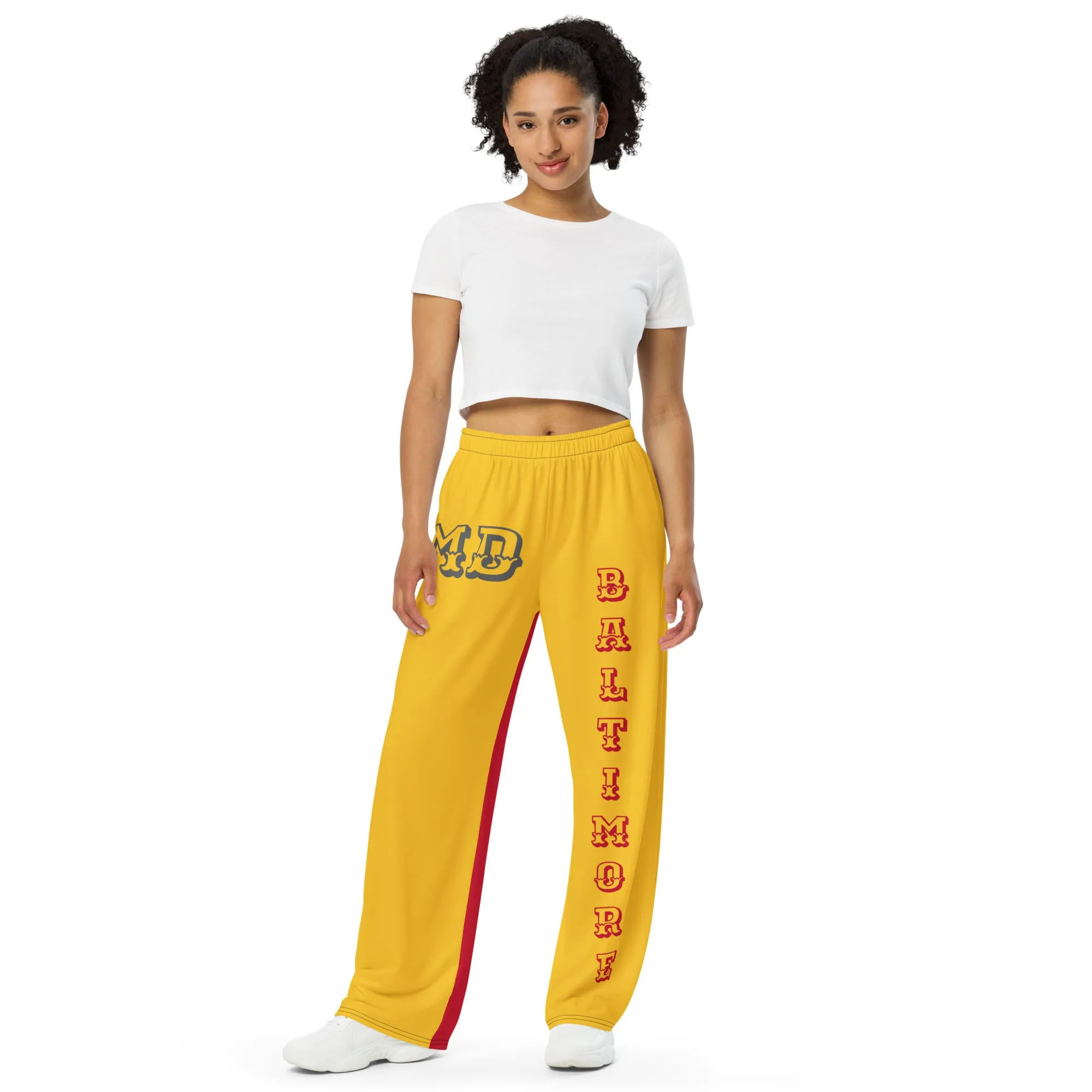DJD MD- "It's A Baltimore Thang" Unisex 2 Tone Wide-Leg Pants Gold/Red/Grey