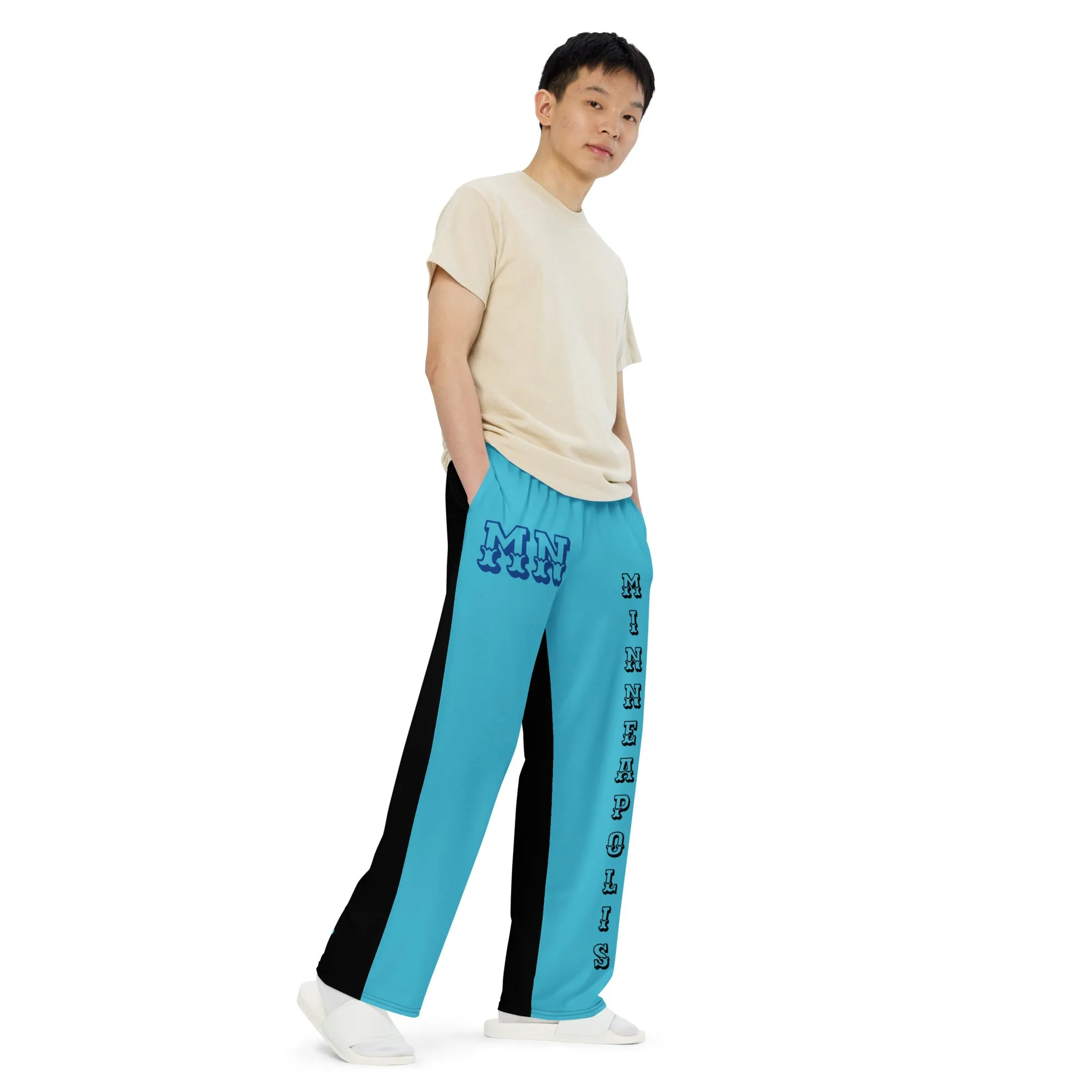 DJD MN- "It's A Minneapolis Thang" Unisex 2 Tone Wide-Leg Pants Turquoise/Black/Blue