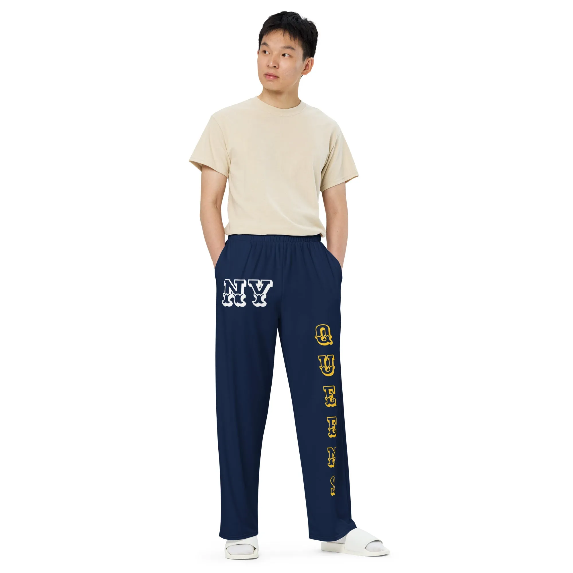 DJD NY- "It's A Queens Thang" Unisex Wide-Leg Pants Navy/Yellow/White