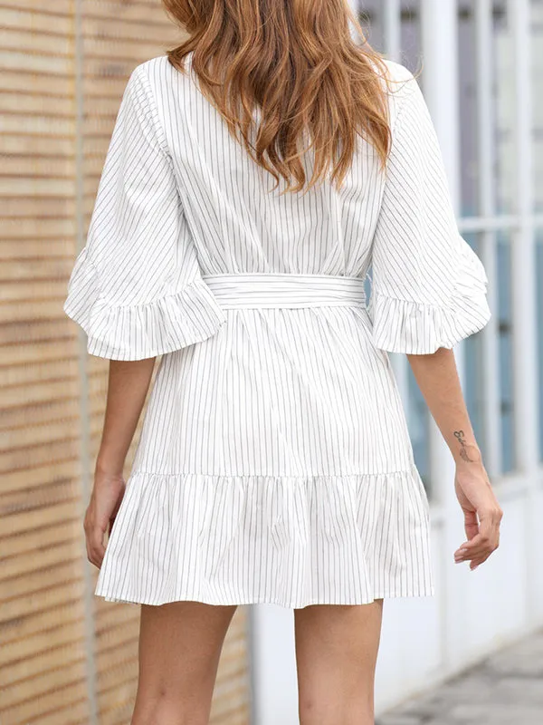Dress Horn Sleeve Ruffled Stitching Design Striped Print Skirt
