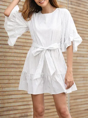 Dress Horn Sleeve Ruffled Stitching Design Striped Print Skirt
