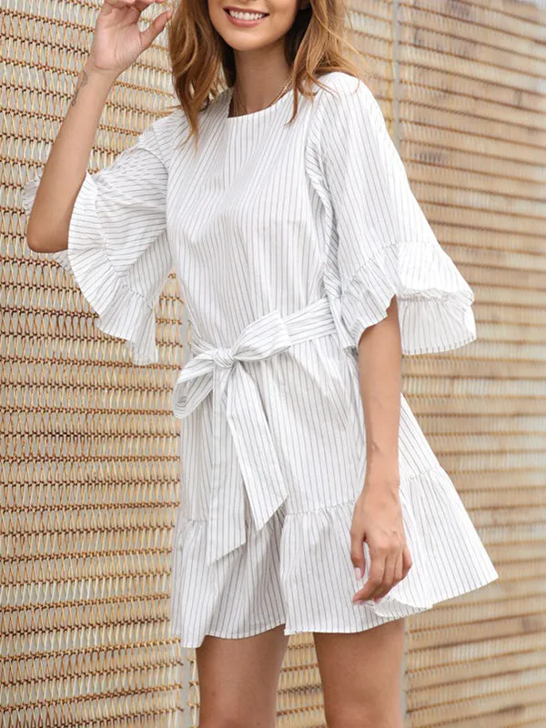 Dress Horn Sleeve Ruffled Stitching Design Striped Print Skirt