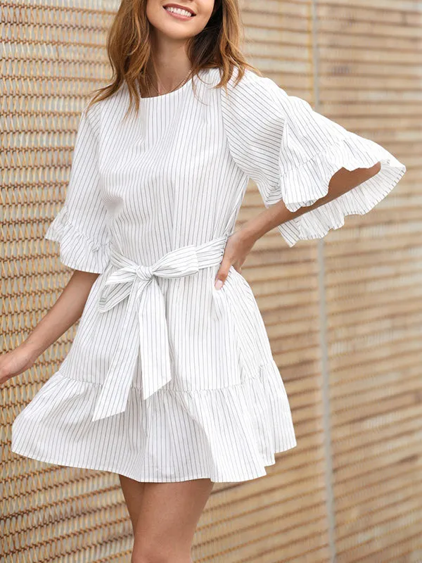 Dress Horn Sleeve Ruffled Stitching Design Striped Print Skirt
