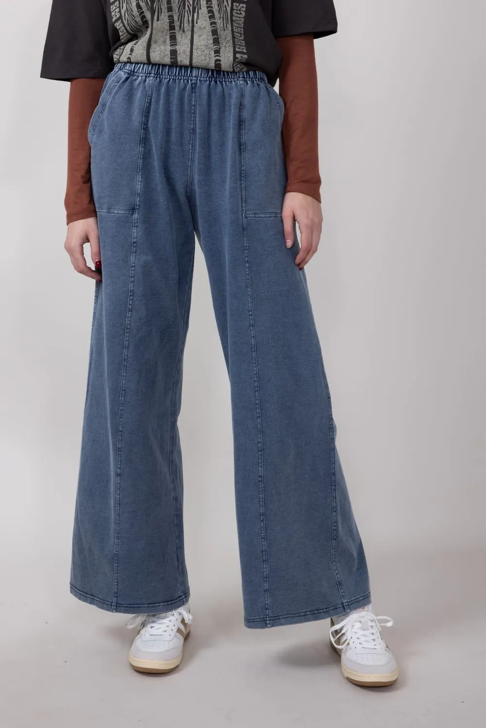 Elastic Waistline Straight Leg Pants for Women in Denim Blue | FP3364-DENIMBLUE