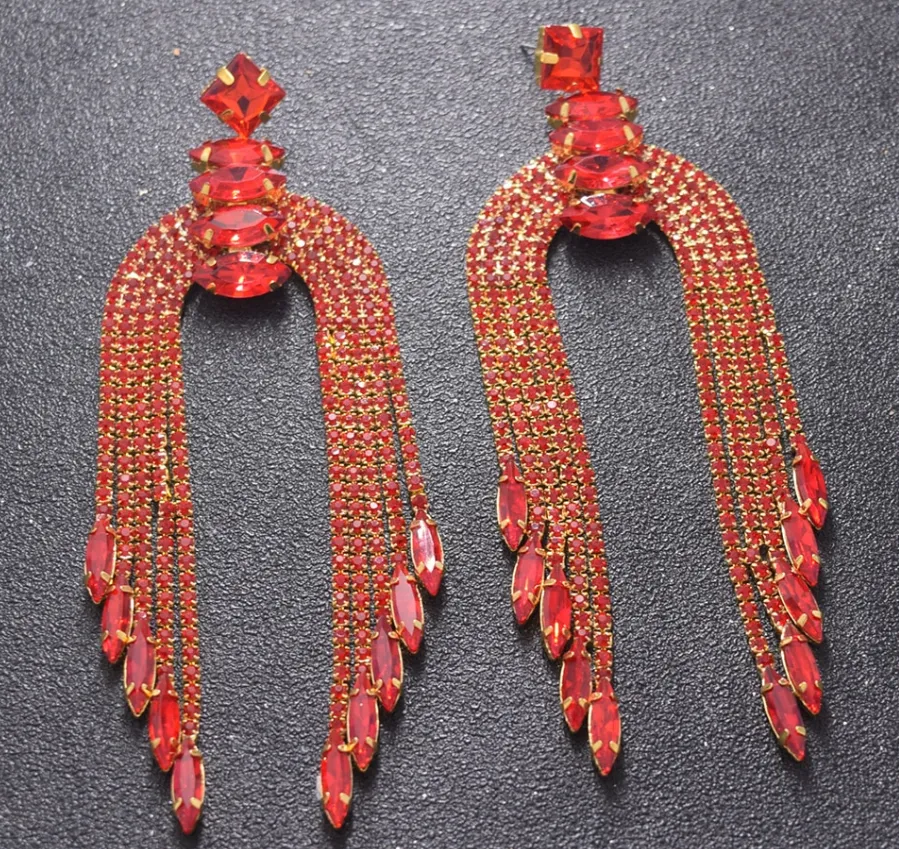 Elegant Red Rhinestone Chandelier Pageant Earrings | Prom Earrings | LMB - 001