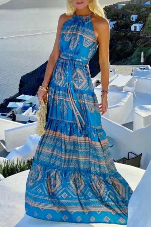 Elegant Vacation Print Split Joint Frenulum Halter Waist Skirt Dresses(3 colors)