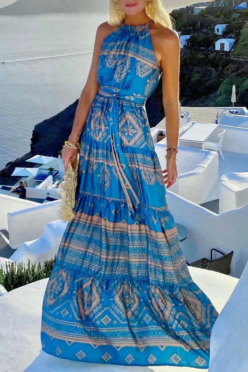 Elegant Vacation Print Split Joint Frenulum Halter Waist Skirt Dresses(3 colors)