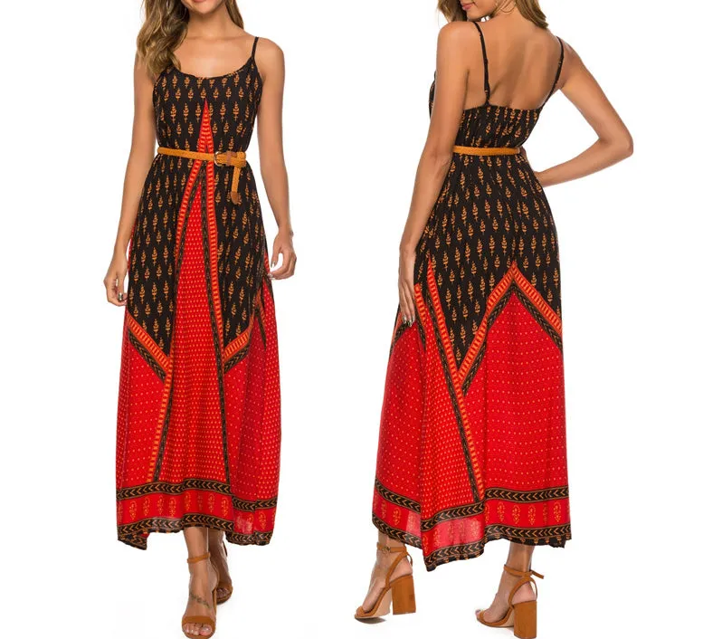 Ethnic Style Sling Printed Beach Holiday Dress
