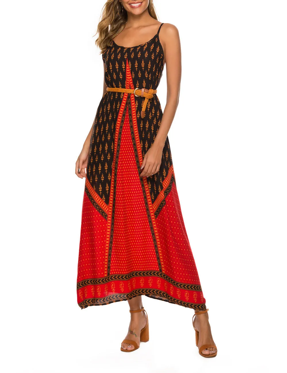 Ethnic Style Sling Printed Beach Holiday Dress