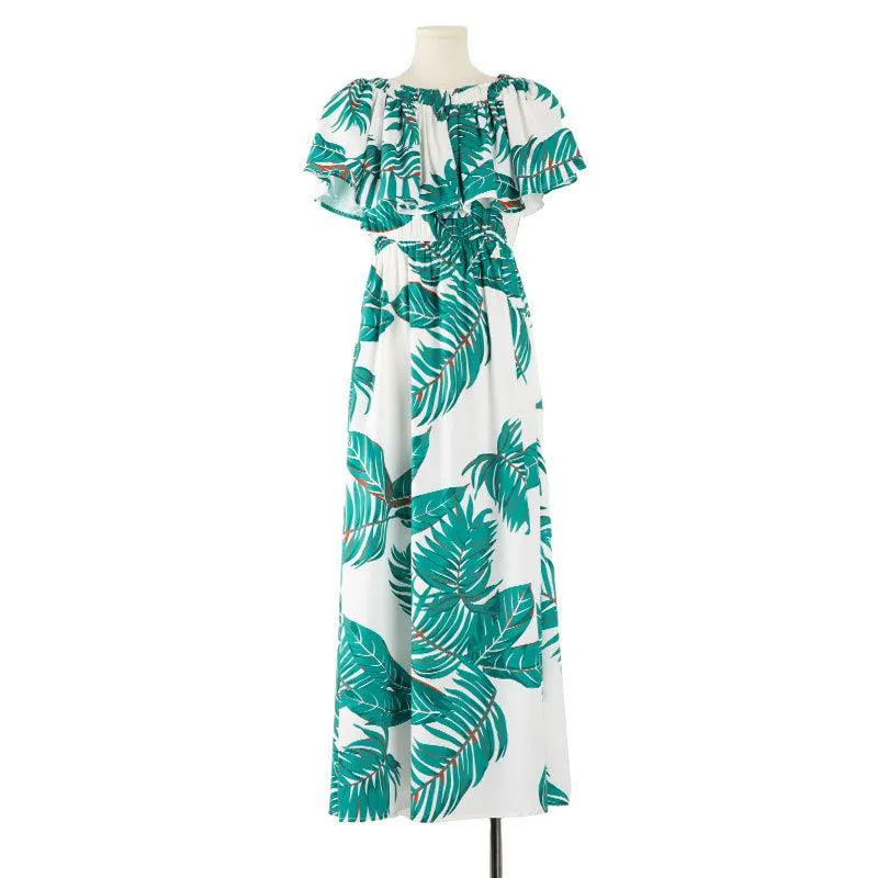 Family Matching Outfits - White Dresses with Green Leaves and Matching Shirts