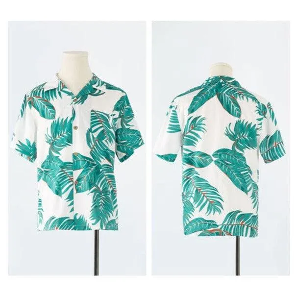 Family Matching Outfits - White Dresses with Green Leaves and Matching Shirts