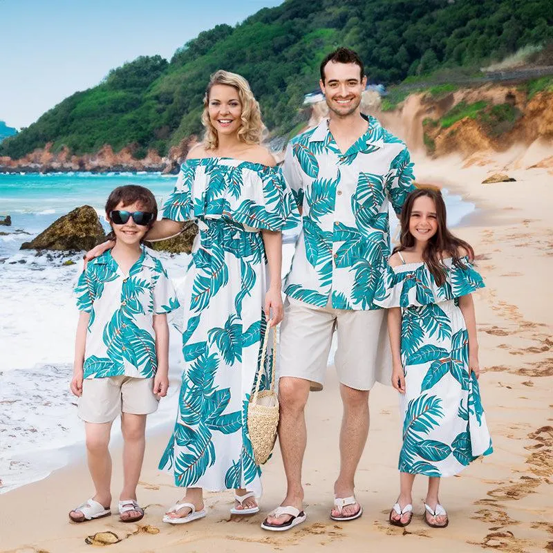 Family Matching Outfits - White Dresses with Green Leaves and Matching Shirts