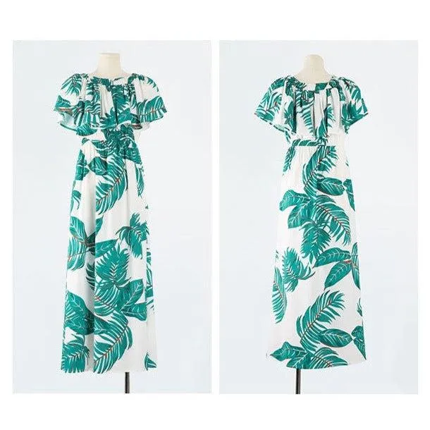 Family Matching Outfits - White Dresses with Green Leaves and Matching Shirts