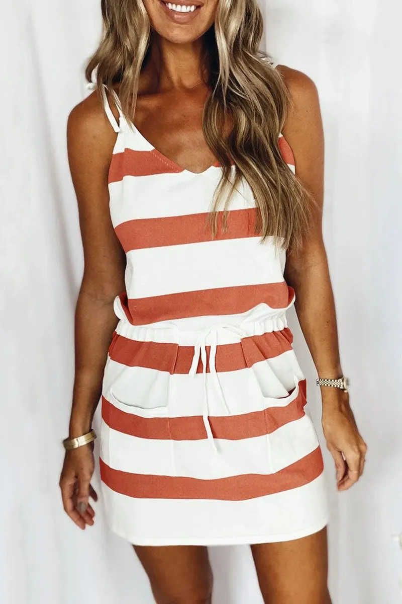 Fashion Casual Striped Patchwork V Neck A Line Dresses(11 Colors)