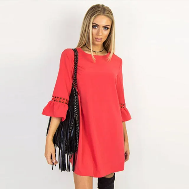 Flare Three Quarter Sleeve Lace Patchwork Dress Multiple Colors