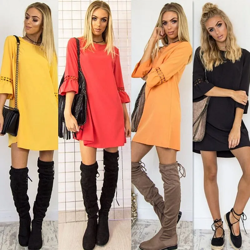Flare Three Quarter Sleeve Lace Patchwork Dress Multiple Colors