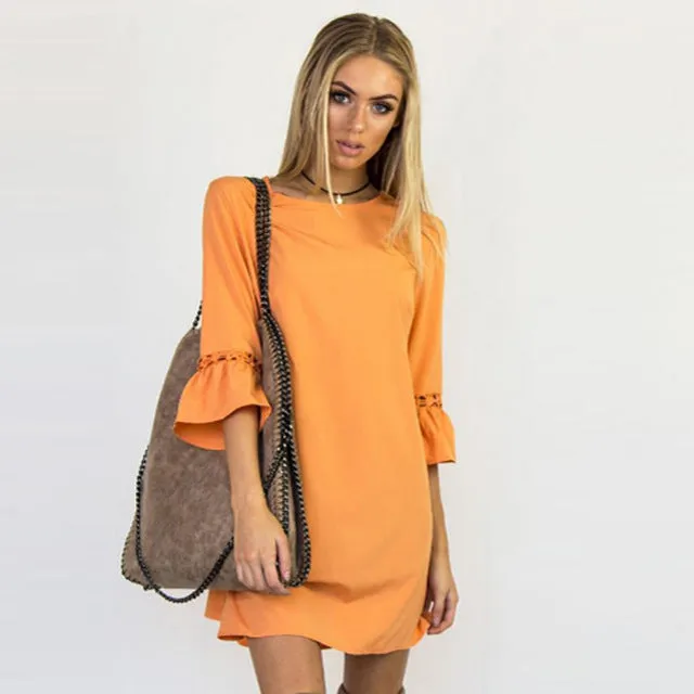 Flare Three Quarter Sleeve Lace Patchwork Dress Multiple Colors