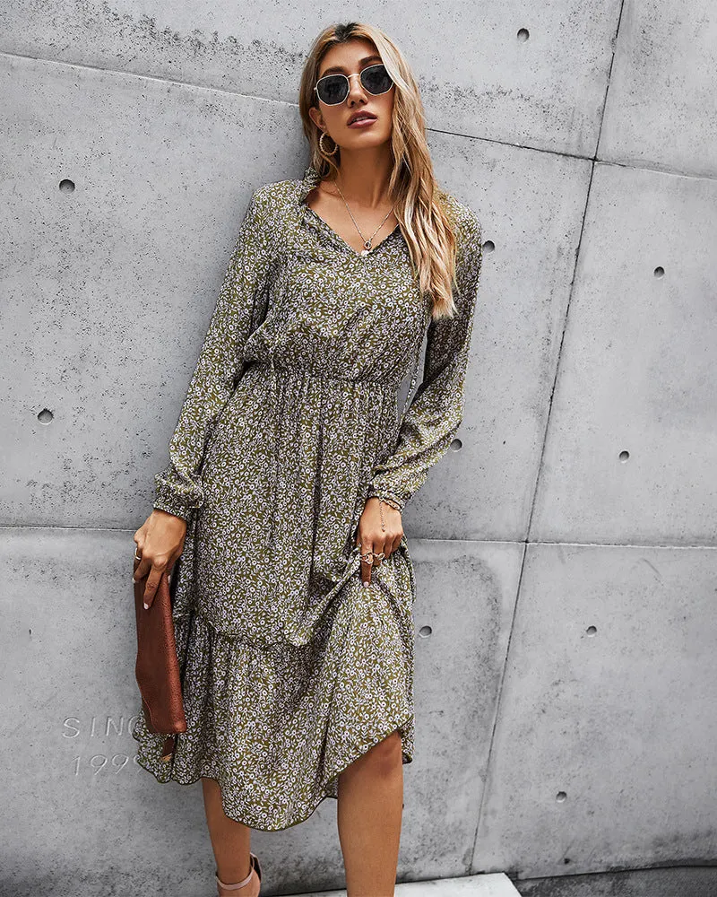 Floral V-neck Ruffles Elastic Waist Midi Dresses