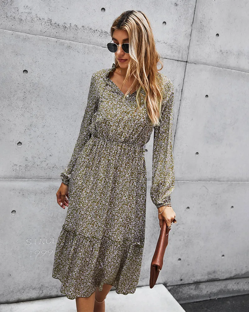 Floral V-neck Ruffles Elastic Waist Midi Dresses