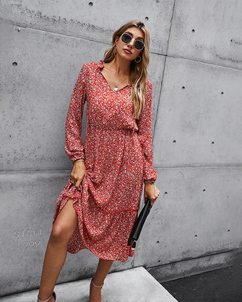 Floral V-neck Ruffles Elastic Waist Midi Dresses