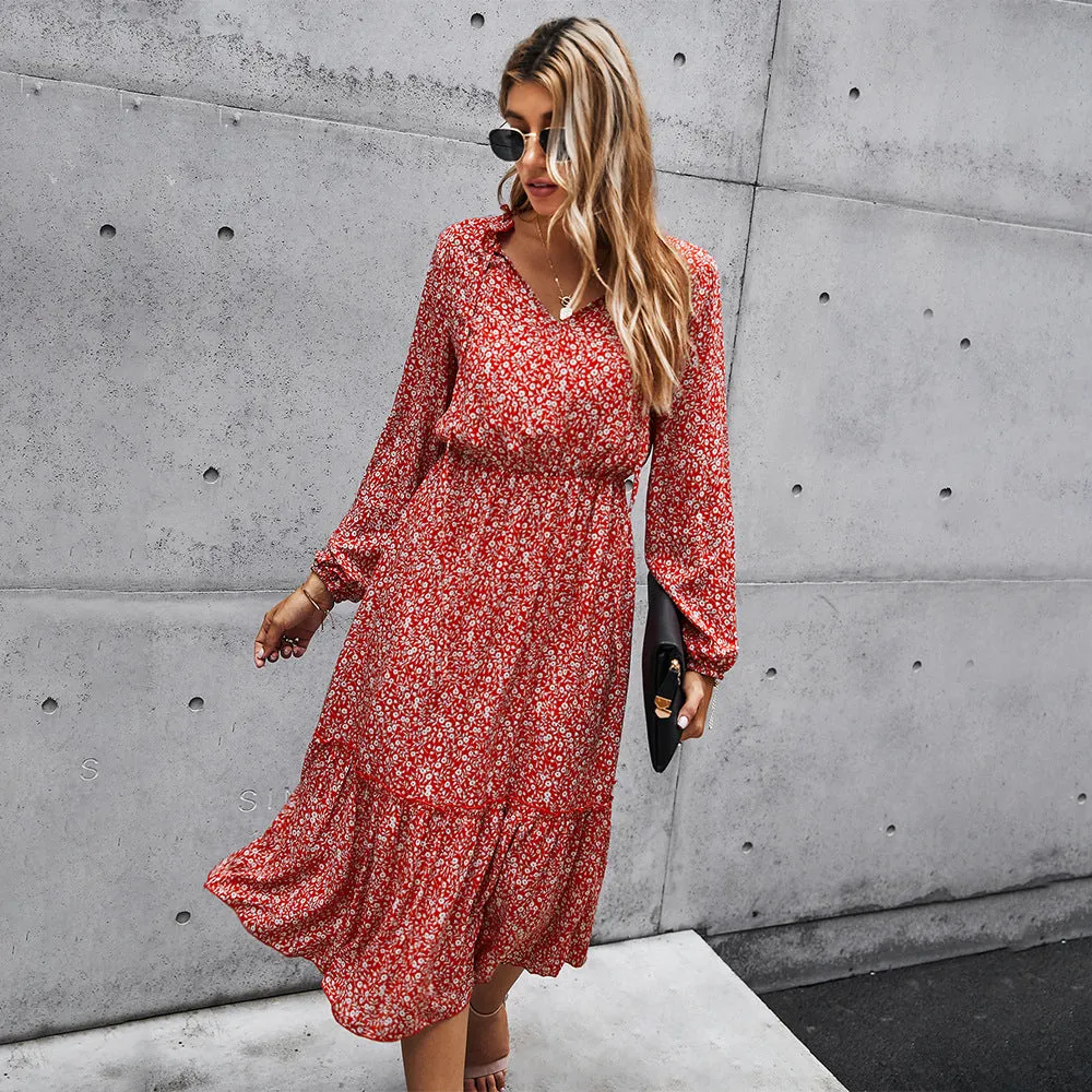 Floral V-neck Ruffles Elastic Waist Midi Dresses
