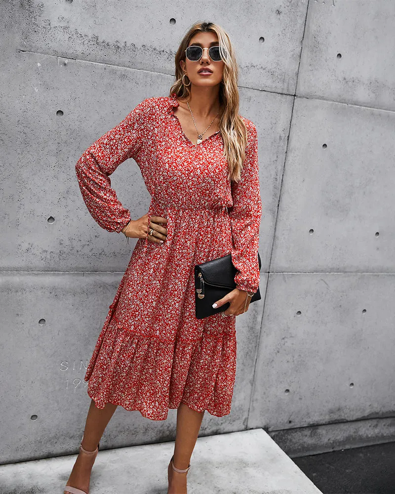 Floral V-neck Ruffles Elastic Waist Midi Dresses
