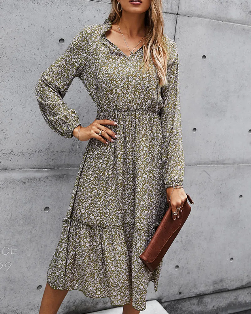 Floral V-neck Ruffles Elastic Waist Midi Dresses