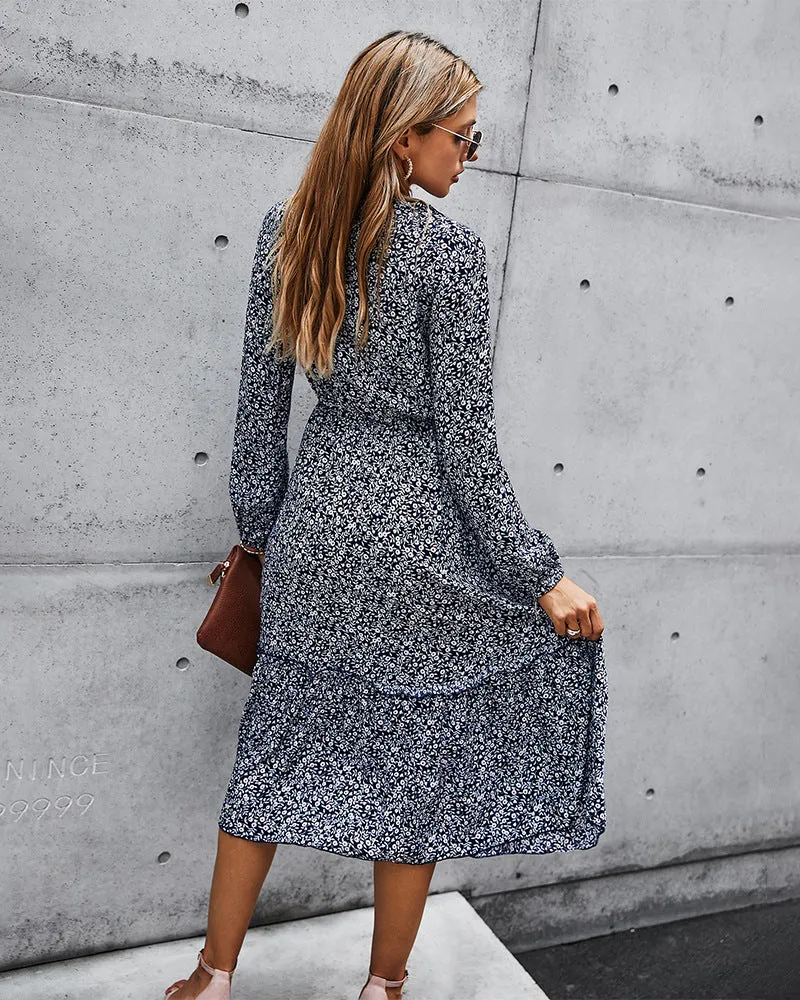 Floral V-neck Ruffles Elastic Waist Midi Dresses