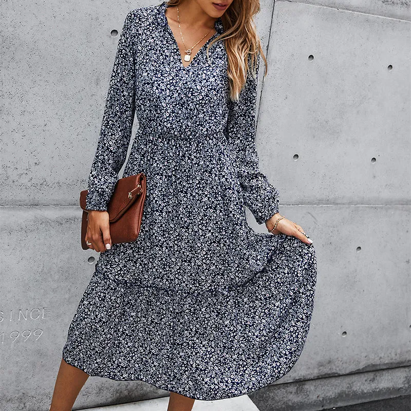 Floral V-neck Ruffles Elastic Waist Midi Dresses