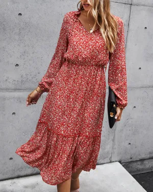 Floral V-neck Ruffles Elastic Waist Midi Dresses