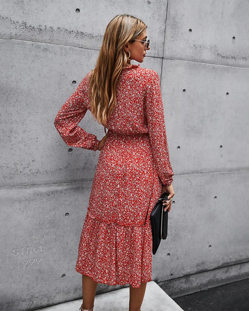 Floral V-neck Ruffles Elastic Waist Midi Dresses