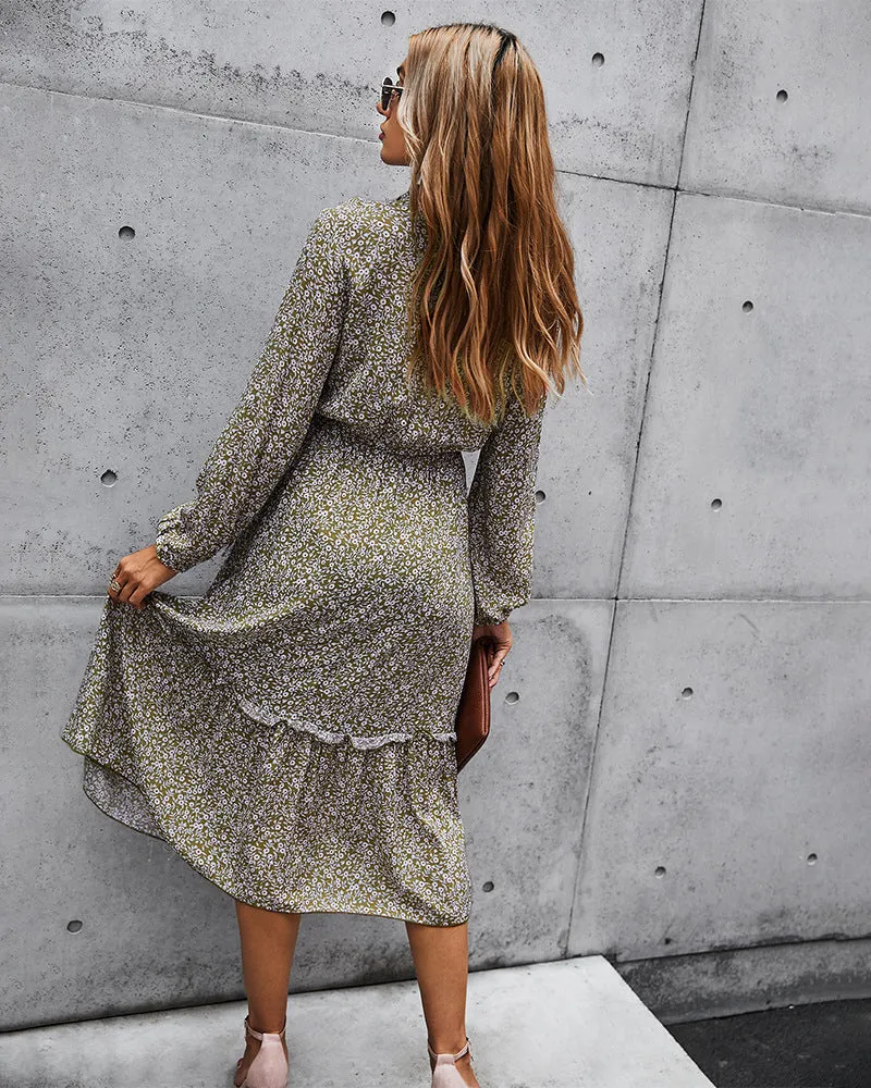 Floral V-neck Ruffles Elastic Waist Midi Dresses