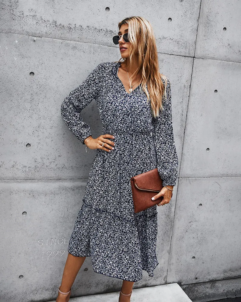Floral V-neck Ruffles Elastic Waist Midi Dresses