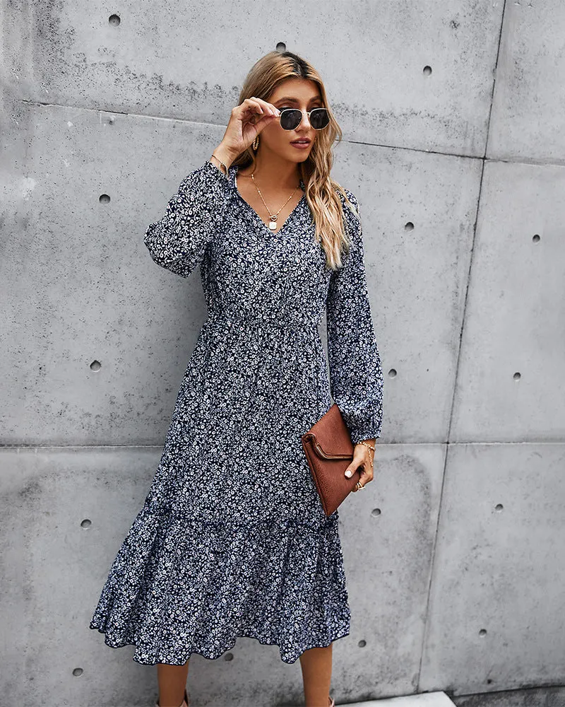 Floral V-neck Ruffles Elastic Waist Midi Dresses