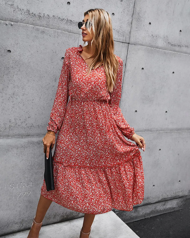 Floral V-neck Ruffles Elastic Waist Midi Dresses