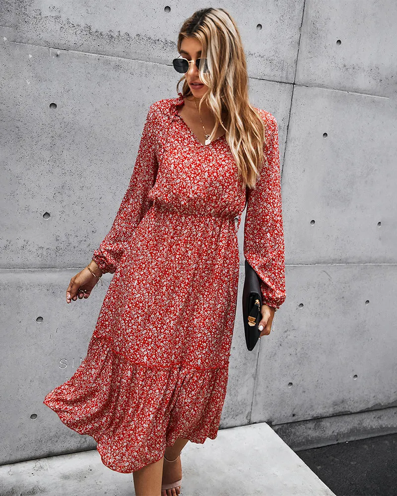 Floral V-neck Ruffles Elastic Waist Midi Dresses