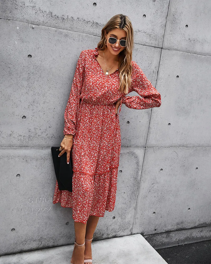 Floral V-neck Ruffles Elastic Waist Midi Dresses