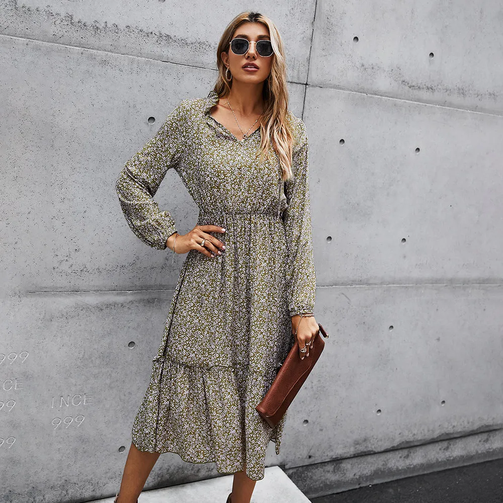 Floral V-neck Ruffles Elastic Waist Midi Dresses